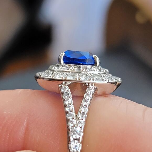 Rhodium Plated Simulated Sapphire Halo Ring - Size 7 - Double Halo Brilliance - Picture 3 of 11
